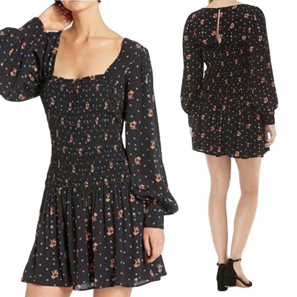 Free People Floral Mini Dress Smocked Bodice Puff Sleeves Black Womens Medium